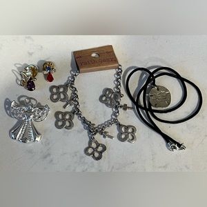Lot religious angel jewelry - charm bracelet, pins, sand dollar necklace.